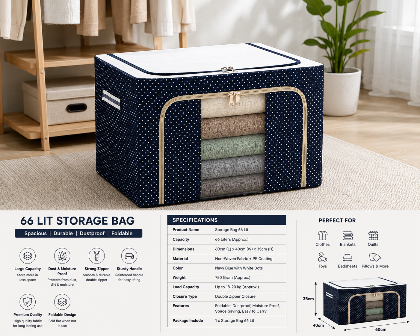 Premium 66L Foldable Storage Bag | Large Capacity Clothes Organizer with Transparent Window