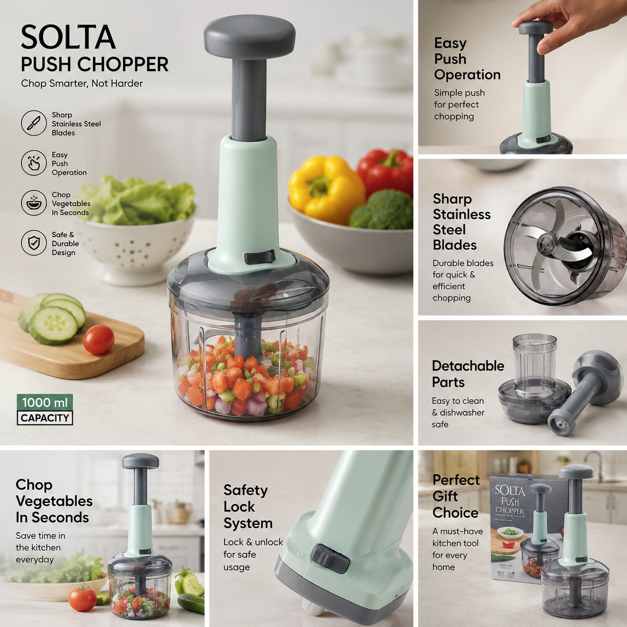 1000ML SOLTA Push Chopper | Manual Vegetable & Fruit Chopper