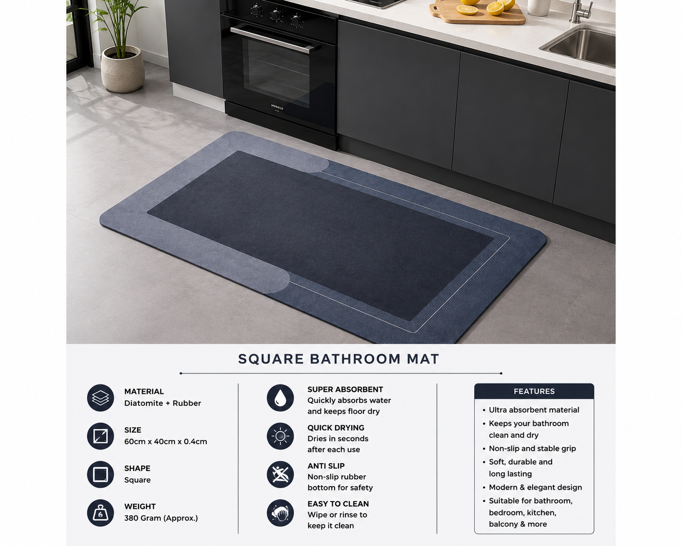 Premium Quick-Dry Square Bathroom Mat | Super Absorbent & Anti-Slip Floor Mat