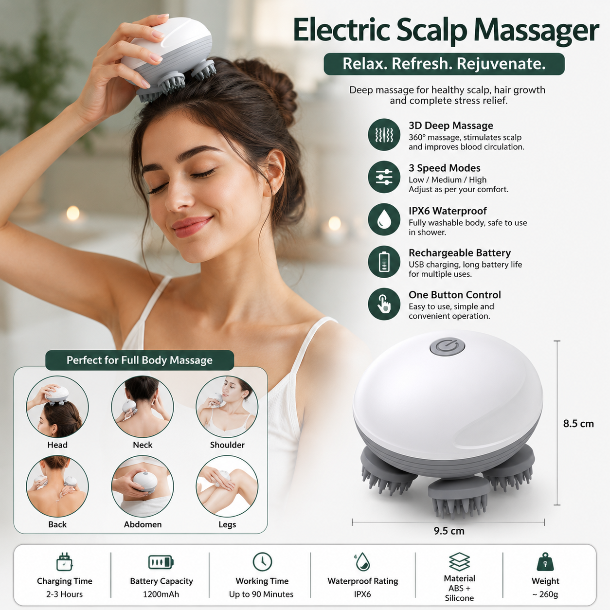 Premium 3D Electric Scalp Massager – USB Rechargeable | Deep Head, Neck & Full Body Relaxation