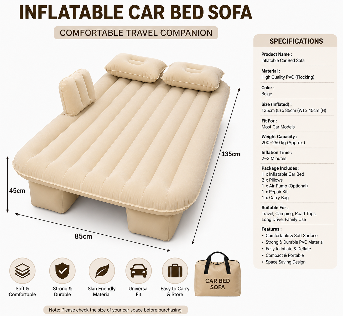 Premium Inflatable Car Bed Sofa – Universal Back Seat Air Mattress with 2 Pillows | Portable Travel Sleeping Bed