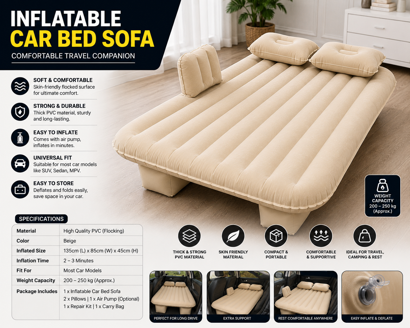 Premium Inflatable Car Bed Sofa – Universal Back Seat Air Mattress with 2 Pillows | Portable Travel Sleeping Bed