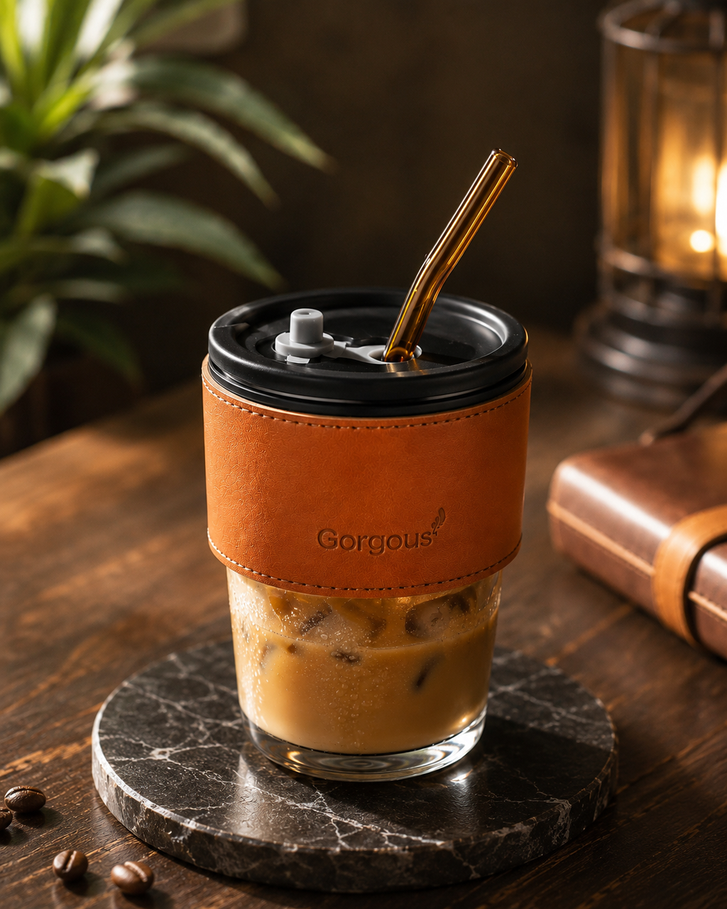 Premium Glass Tumbler with Lid & Reusable Straw – 300ml Coffee Mug with Stylish Leather Sleeve