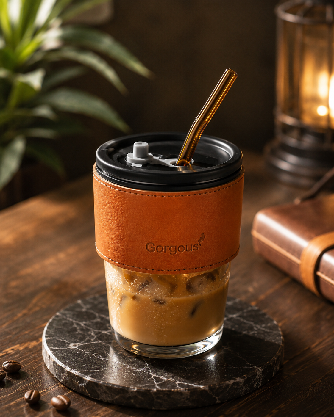 Premium Glass Tumbler with Lid & Reusable Straw – 300ml Coffee Mug with Stylish Leather Sleeve