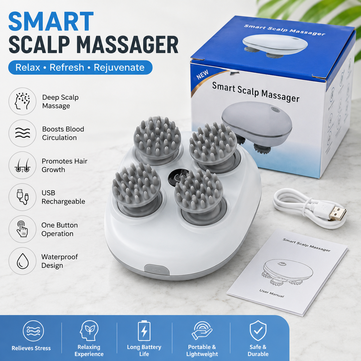 Premium 3D Electric Scalp Massager – USB Rechargeable | Deep Head, Neck & Full Body Relaxation