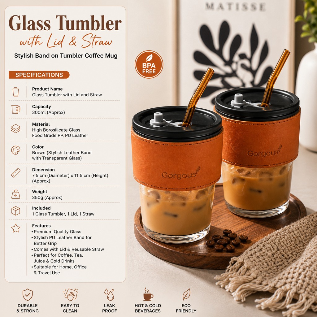 Premium Glass Tumbler with Lid & Reusable Straw – 300ml Coffee Mug with Stylish Leather Sleeve