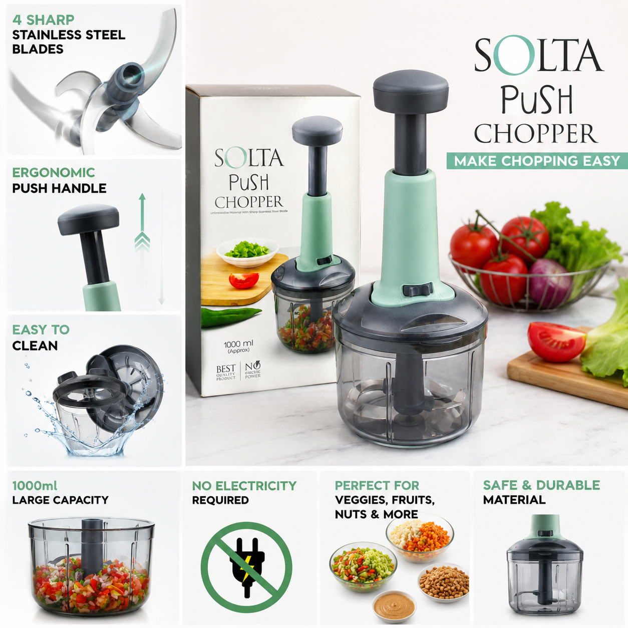 1000ML SOLTA Push Chopper | Manual Vegetable & Fruit Chopper