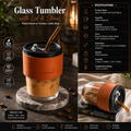 Premium Glass Tumbler with Lid & Reusable Straw – 300ml Coffee Mug with Stylish Leather Sleeve