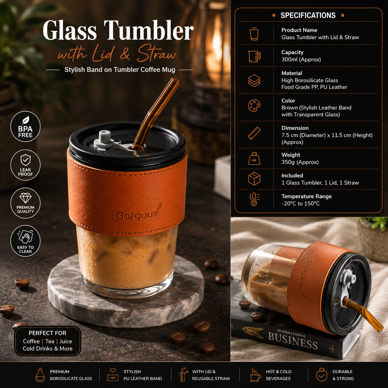 Premium Glass Tumbler with Lid & Reusable Straw – 300ml Coffee Mug with Stylish Leather Sleeve