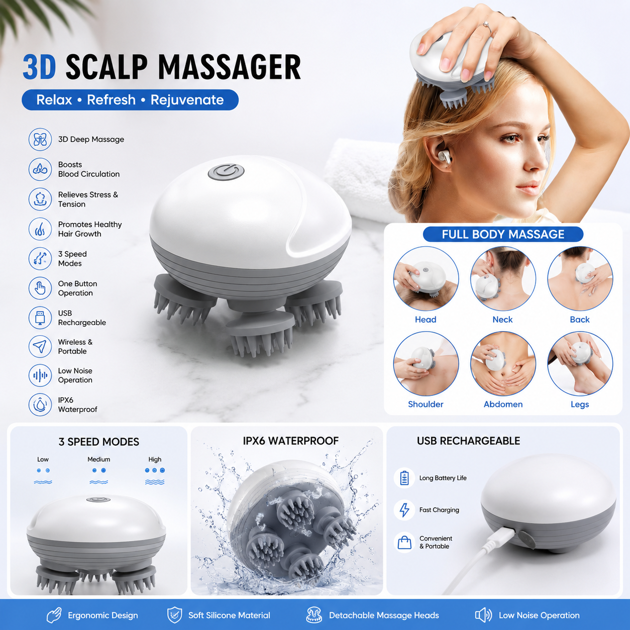 Premium 3D Electric Scalp Massager – USB Rechargeable | Deep Head, Neck & Full Body Relaxation