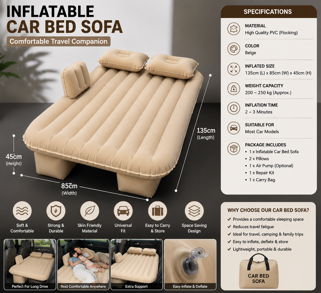 Premium Inflatable Car Bed Sofa – Universal Back Seat Air Mattress with 2 Pillows | Portable Travel Sleeping Bed