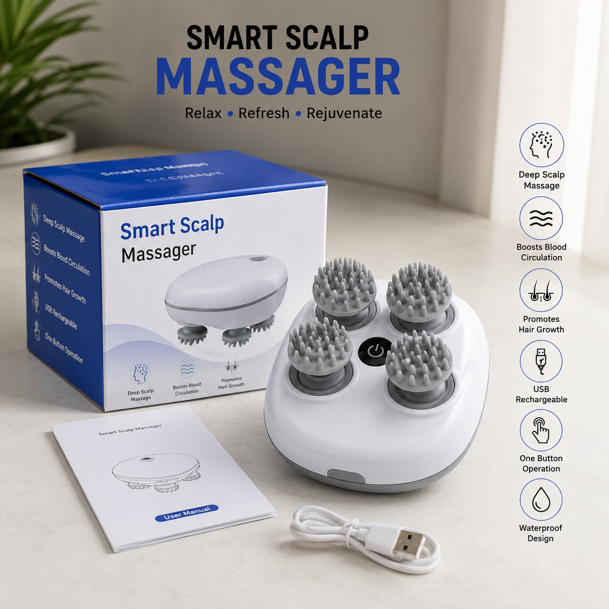 Premium 3D Electric Scalp Massager – USB Rechargeable | Deep Head, Neck & Full Body Relaxation