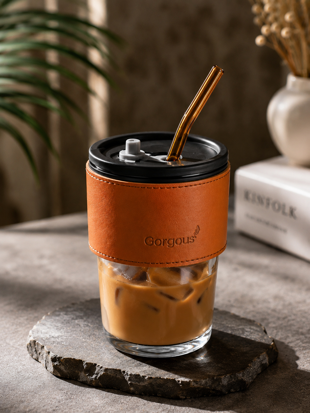 Premium Glass Tumbler with Lid & Reusable Straw – 300ml Coffee Mug with Stylish Leather Sleeve