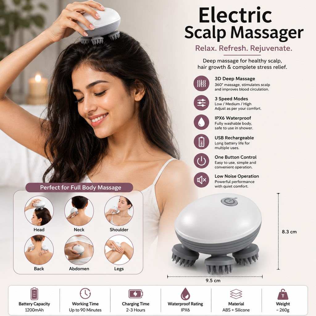 Premium 3D Electric Scalp Massager – USB Rechargeable | Deep Head, Neck & Full Body Relaxation