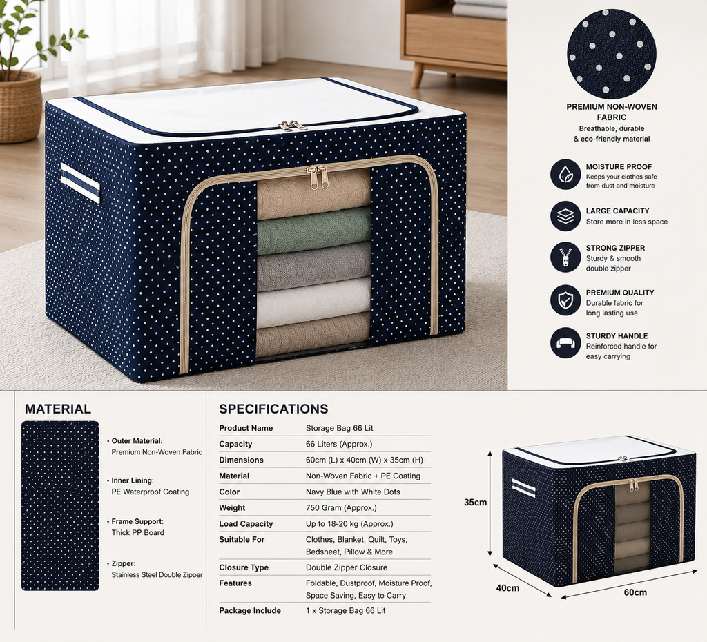 Premium 66L Foldable Storage Bag | Large Capacity Clothes Organizer with Transparent Window
