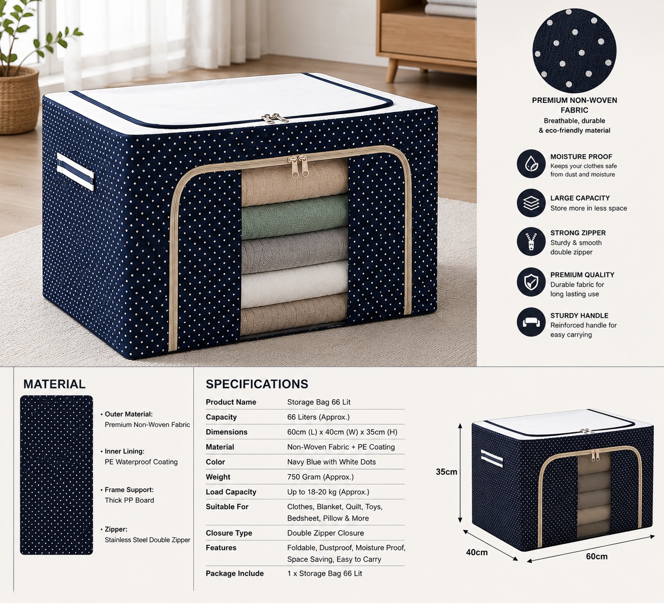 Premium 66L Foldable Storage Bag | Large Capacity Clothes Organizer with Transparent Window