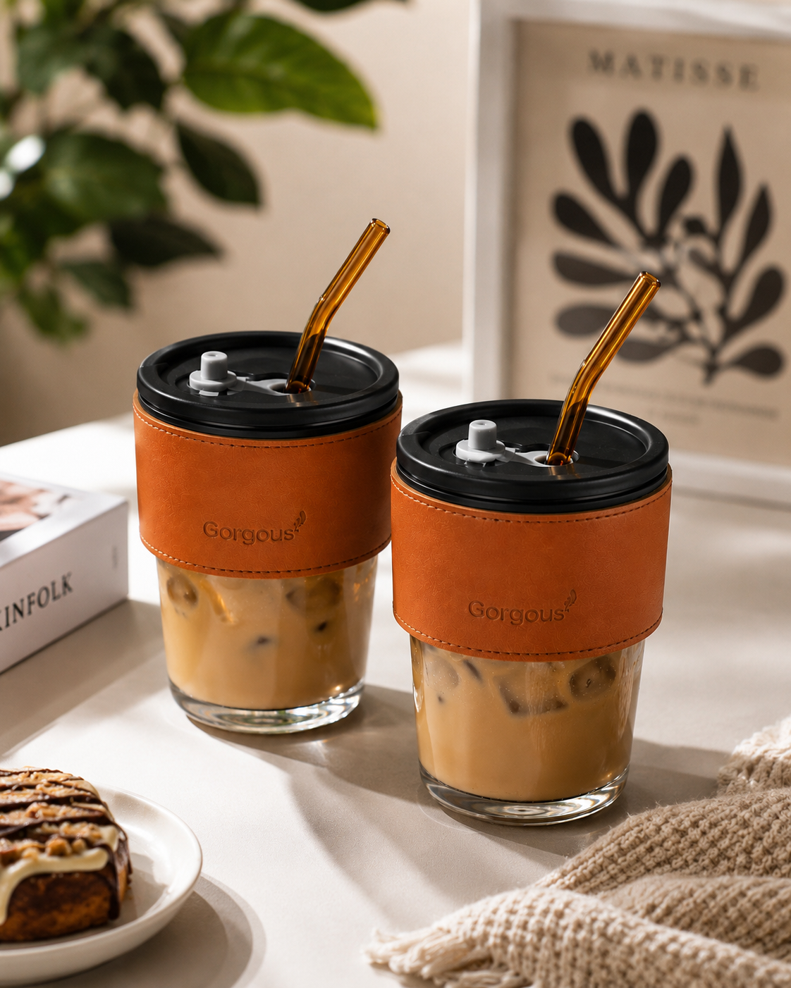 Premium Glass Tumbler with Lid & Reusable Straw – 300ml Coffee Mug with Stylish Leather Sleeve