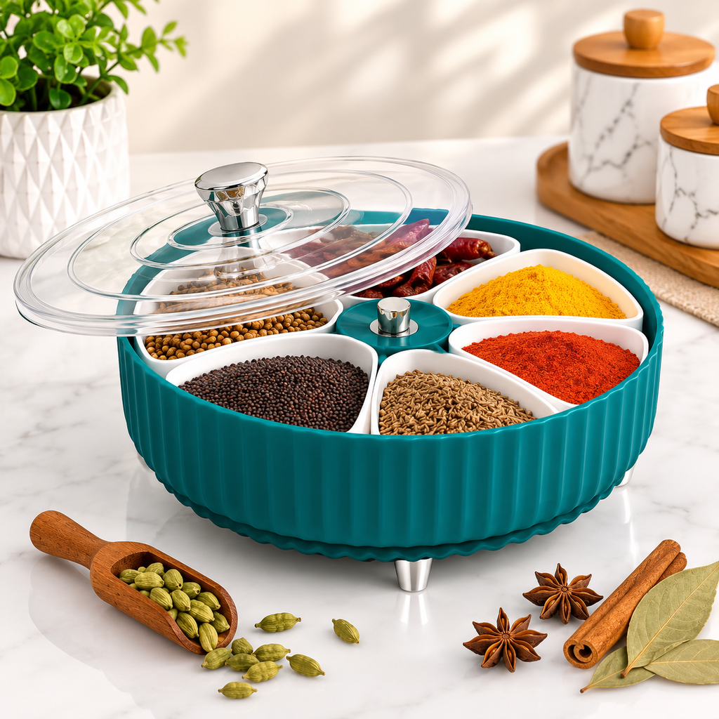 Premium 360° Revolving Masala Box with Transparent Lid – 6 Compartment Spice Storage Organizer | Kitchen Masala Container
