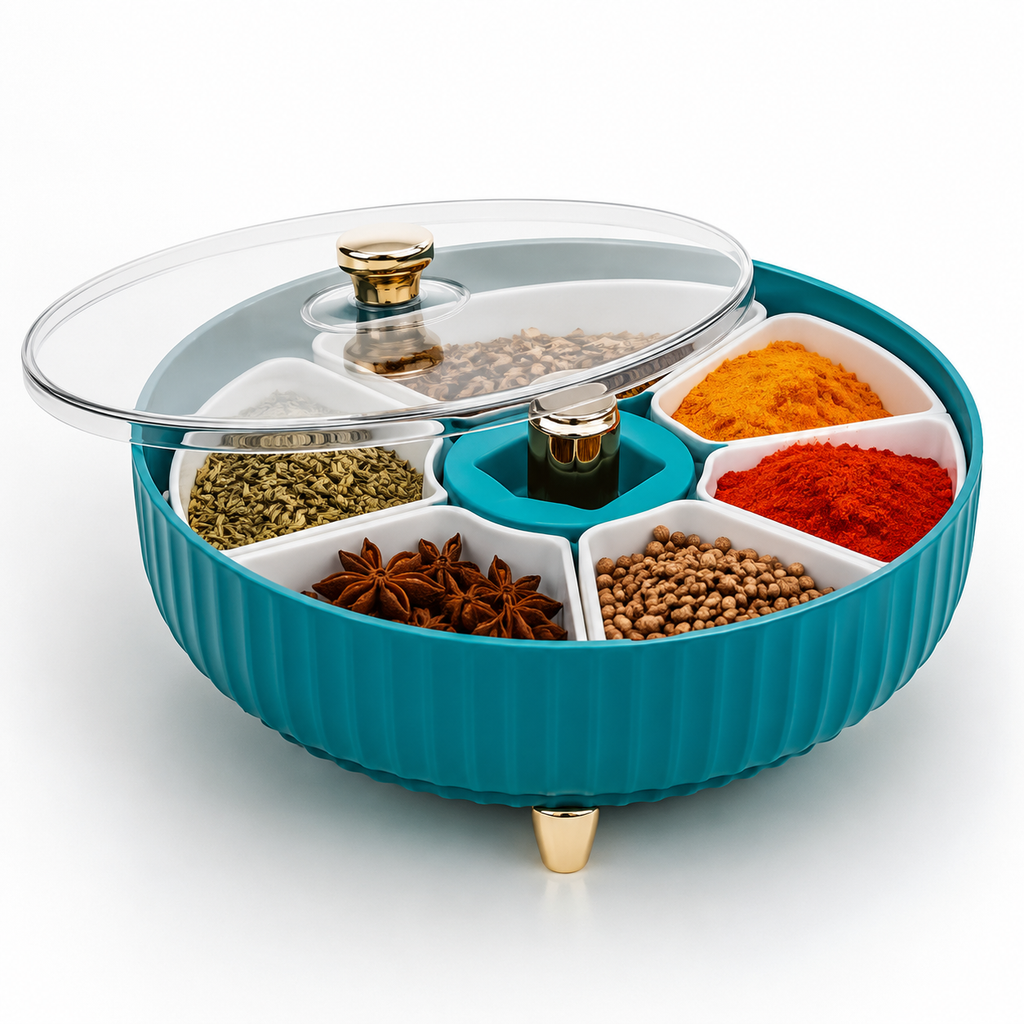 Premium 360° Revolving Masala Box with Transparent Lid – 6 Compartment Spice Storage Organizer | Kitchen Masala Container