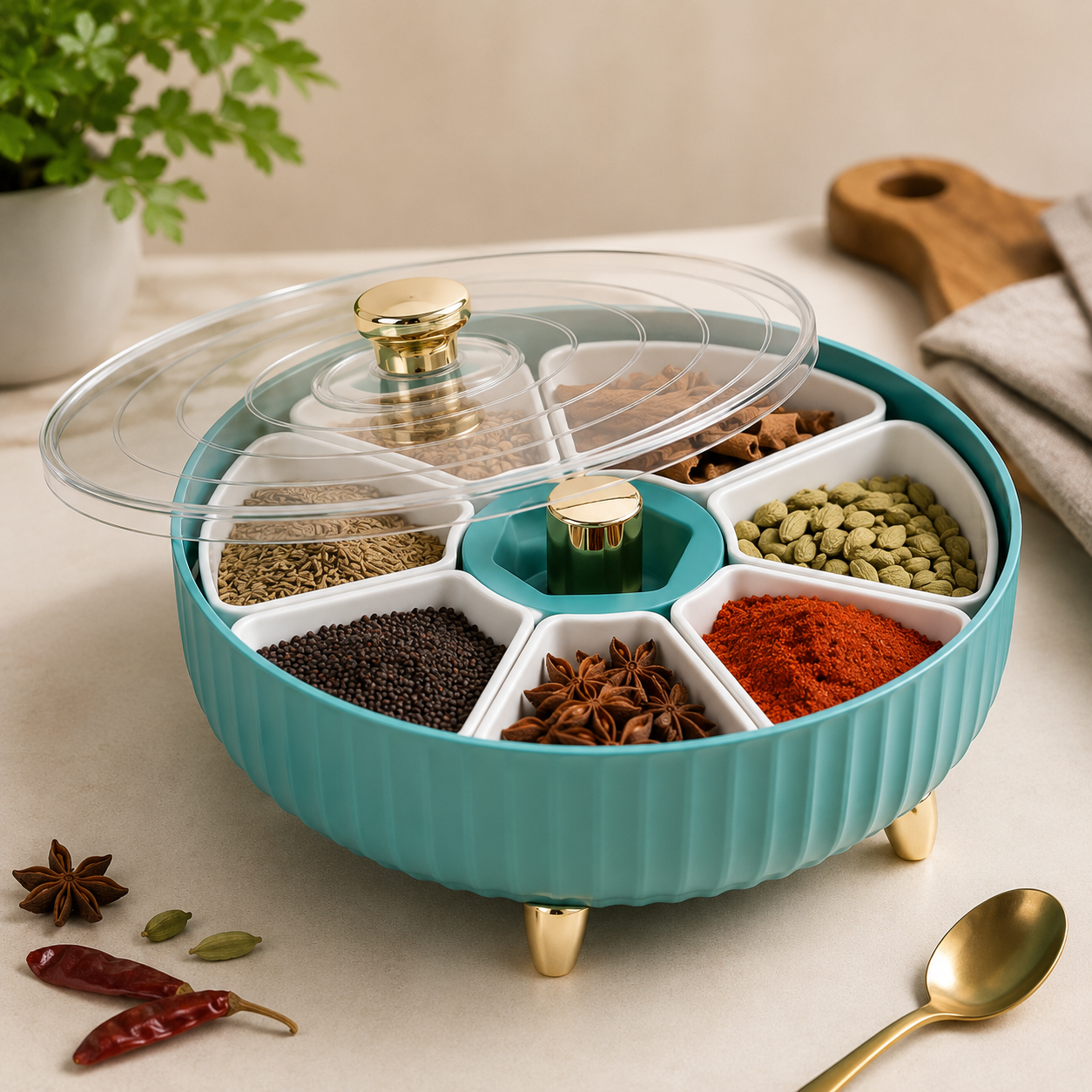 Premium 360° Revolving Masala Box with Transparent Lid – 6 Compartment Spice Storage Organizer | Kitchen Masala Container