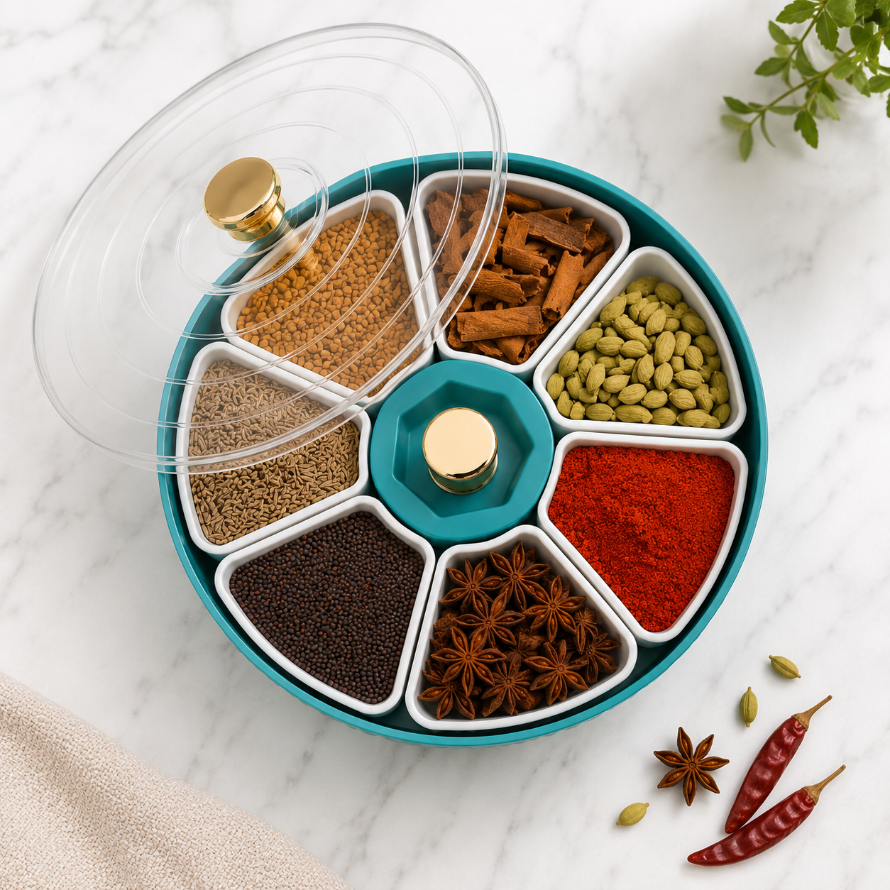 Premium 360° Revolving Masala Box with Transparent Lid – 6 Compartment Spice Storage Organizer | Kitchen Masala Container